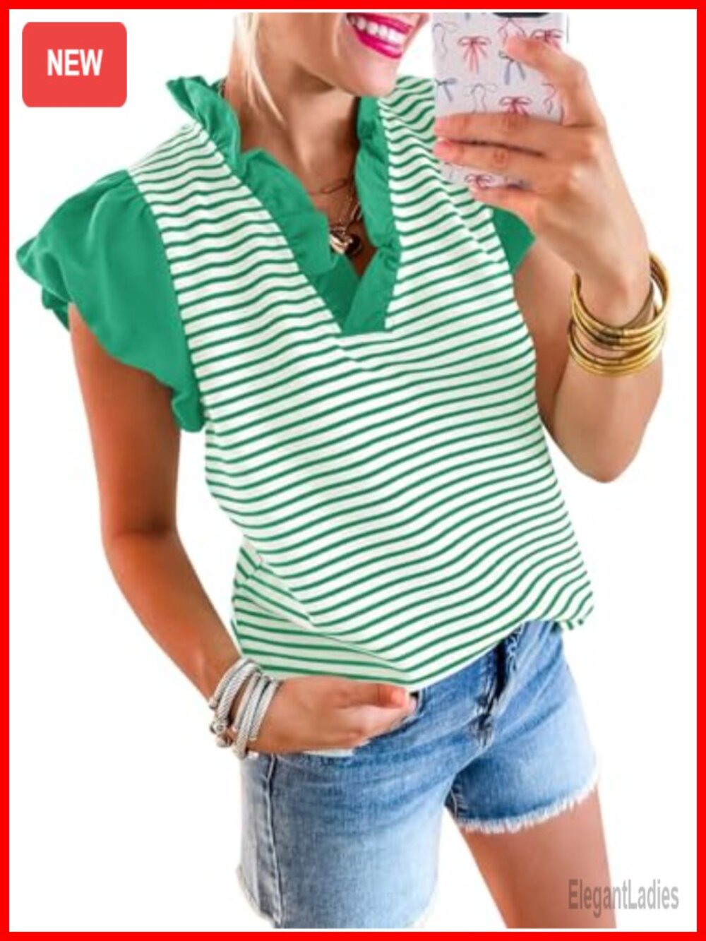 Womens Ruffle Cap Sleeve Tank Top Striped V-Neck Summer Blouse